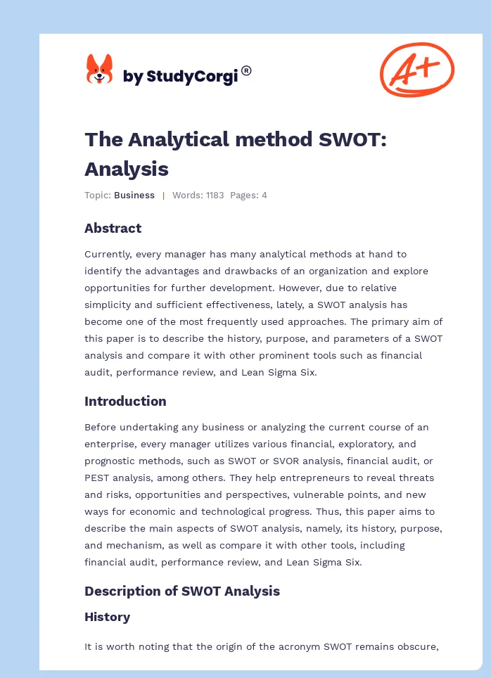 The Analytical method SWOT: Analysis. Page 1