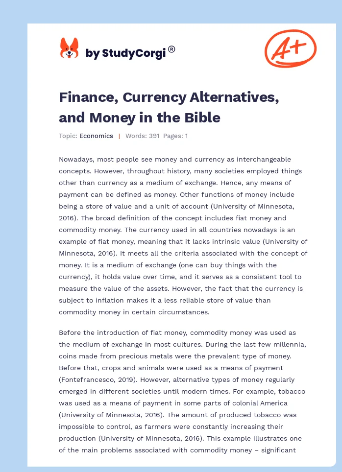 Finance, Currency Alternatives, and Money in the Bible. Page 1
