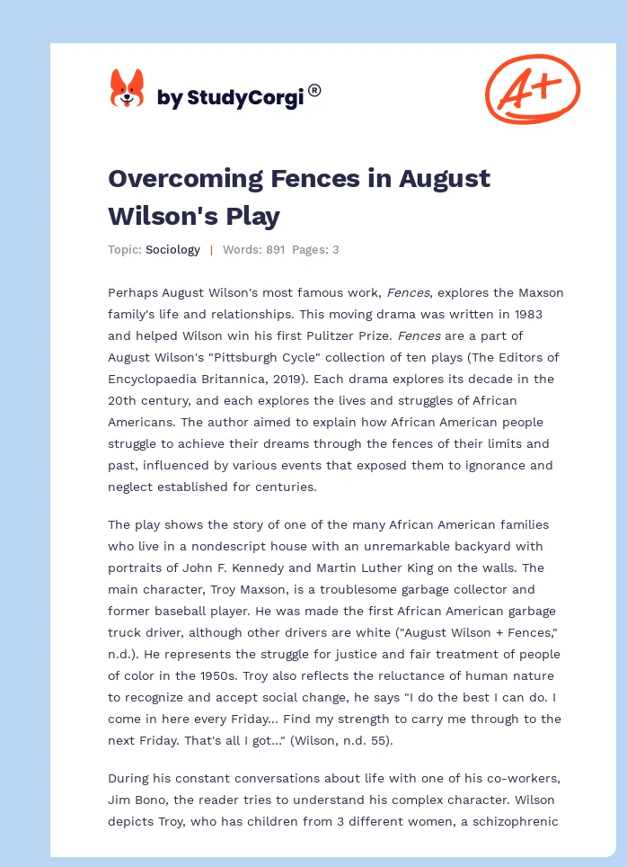 Overcoming Fences in August Wilson's Play. Page 1