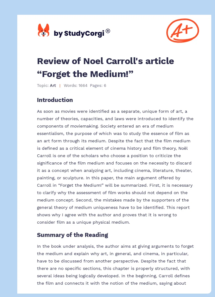 Review of Noel Carroll's article “Forget the Medium!”. Page 1