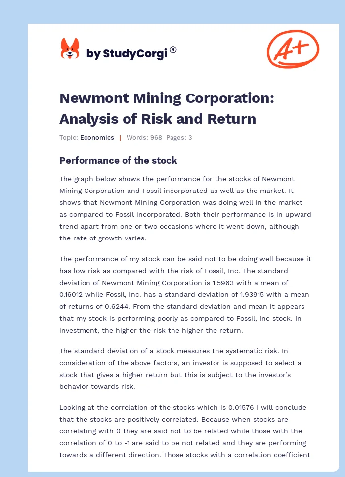 Newmont Mining Corporation: Analysis of Risk and Return. Page 1