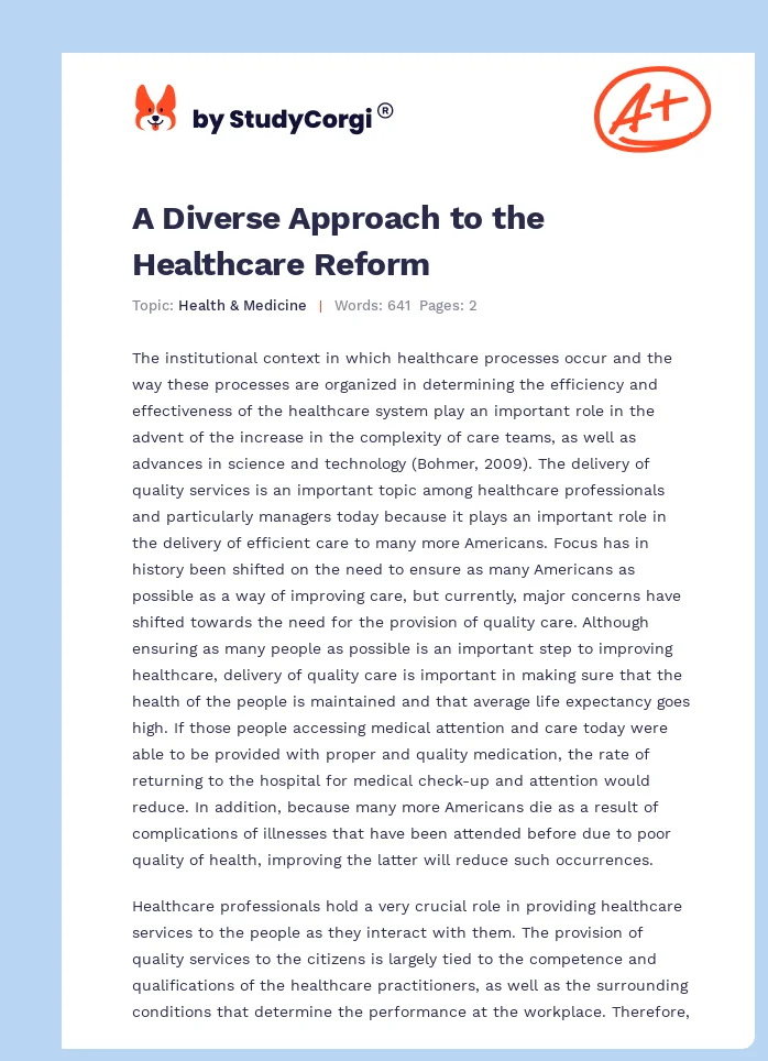 A Diverse Approach to the Healthcare Reform. Page 1
