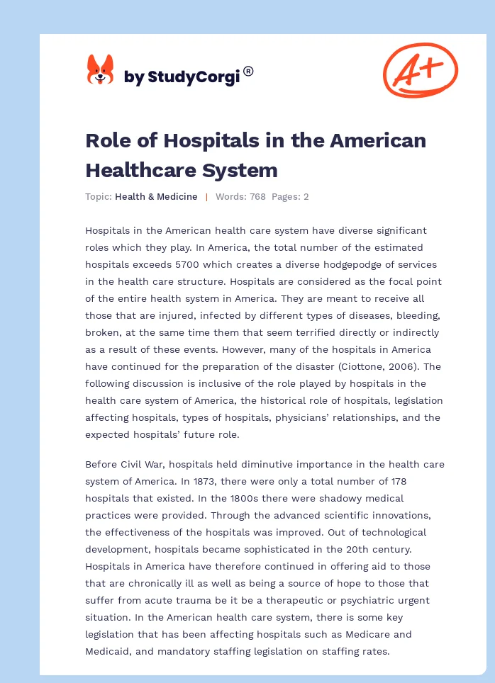 Role of Hospitals in the American Healthcare System. Page 1