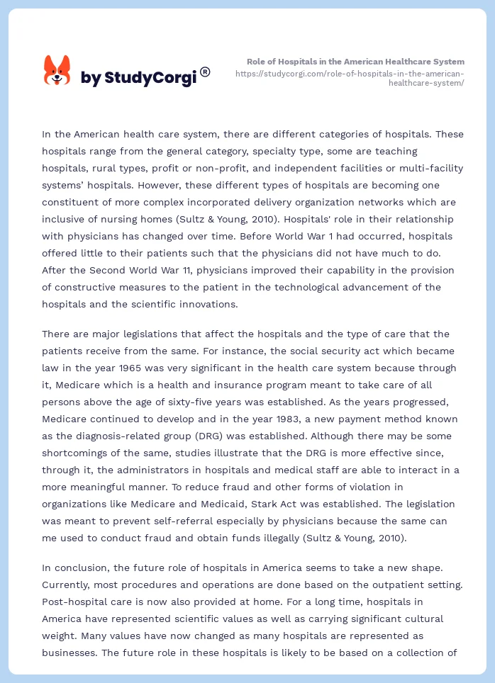 Role of Hospitals in the American Healthcare System. Page 2