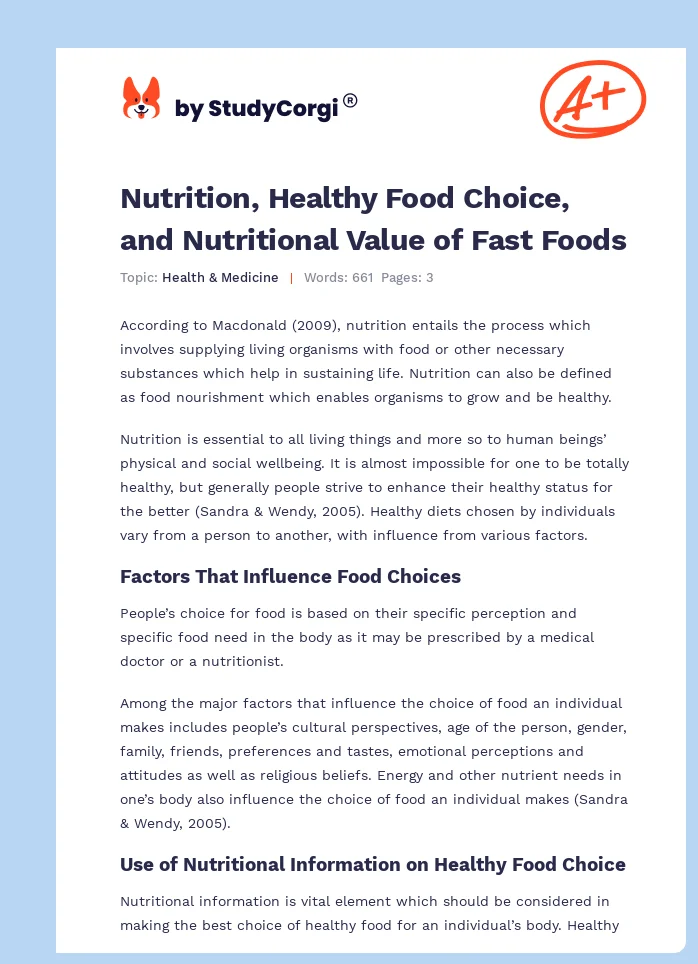 Nutrition, Healthy Food Choice, and Nutritional Value of Fast Foods. Page 1