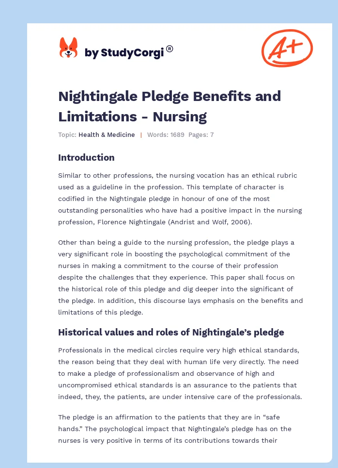 Nightingale Pledge Benefits and Limitations - Nursing. Page 1