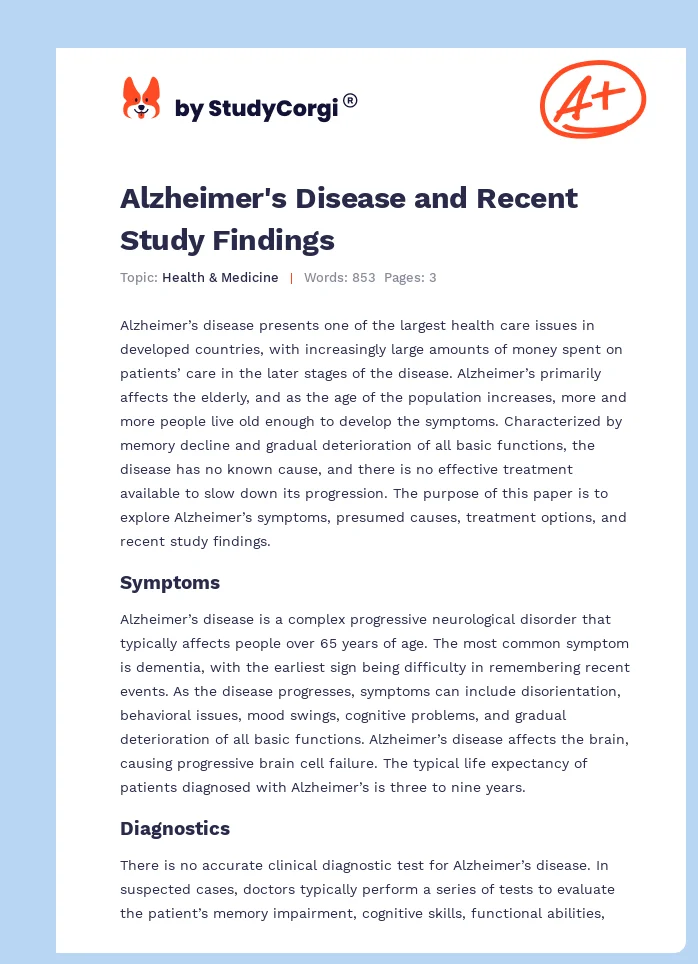 Alzheimer's Disease and Recent Study Findings. Page 1