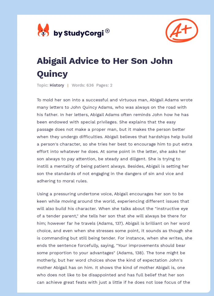 Abigail Advice to Her Son John Quincy. Page 1