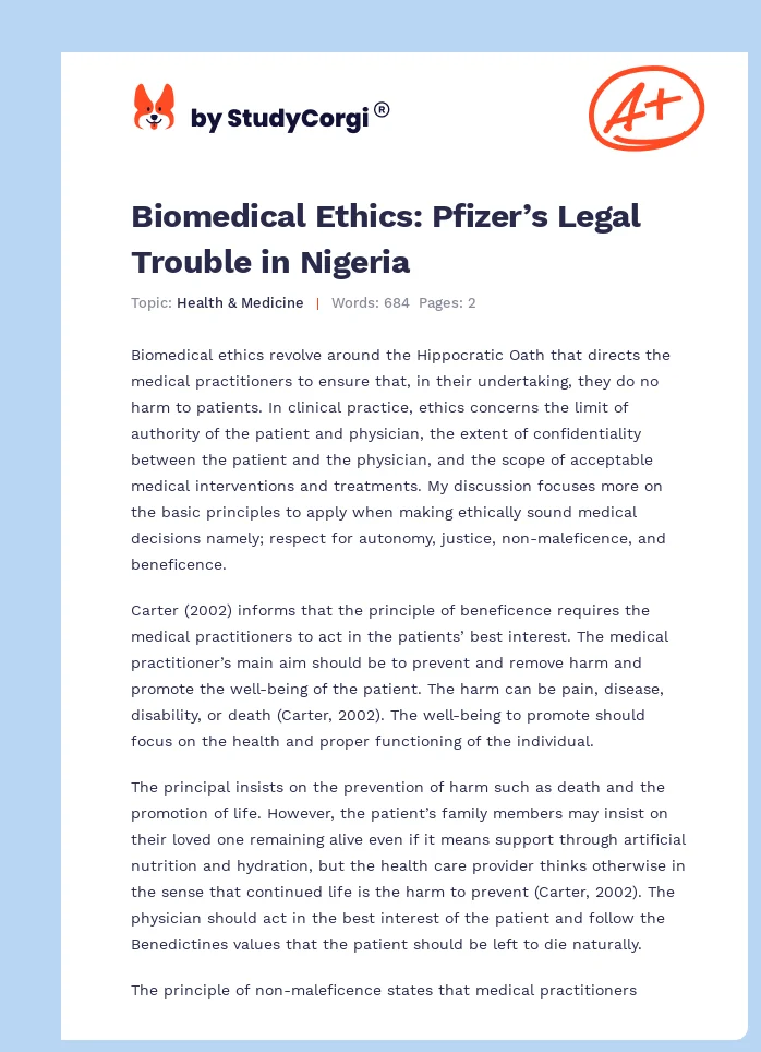 Biomedical Ethics: Pfizer’s Legal Trouble in Nigeria. Page 1
