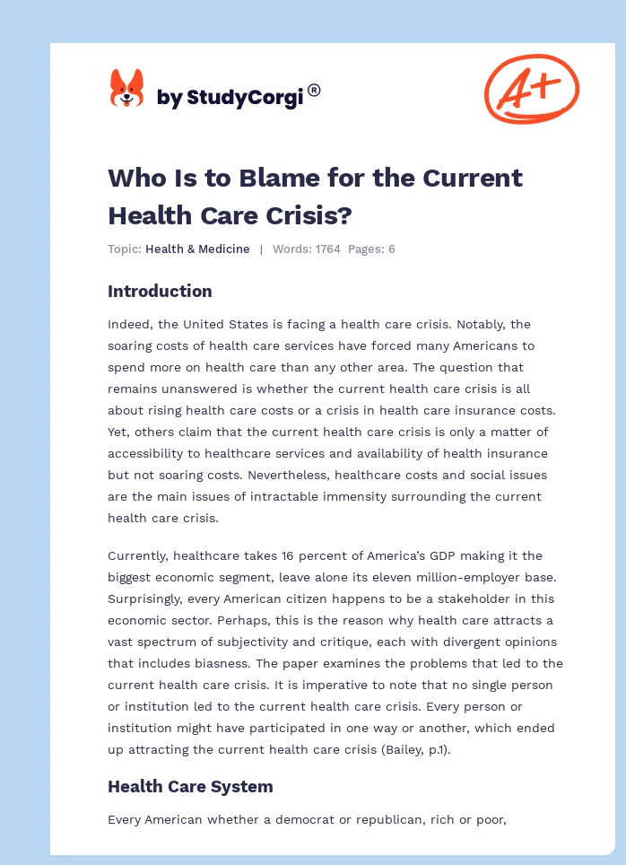 Who Is to Blame for the Current Health Care Crisis?. Page 1