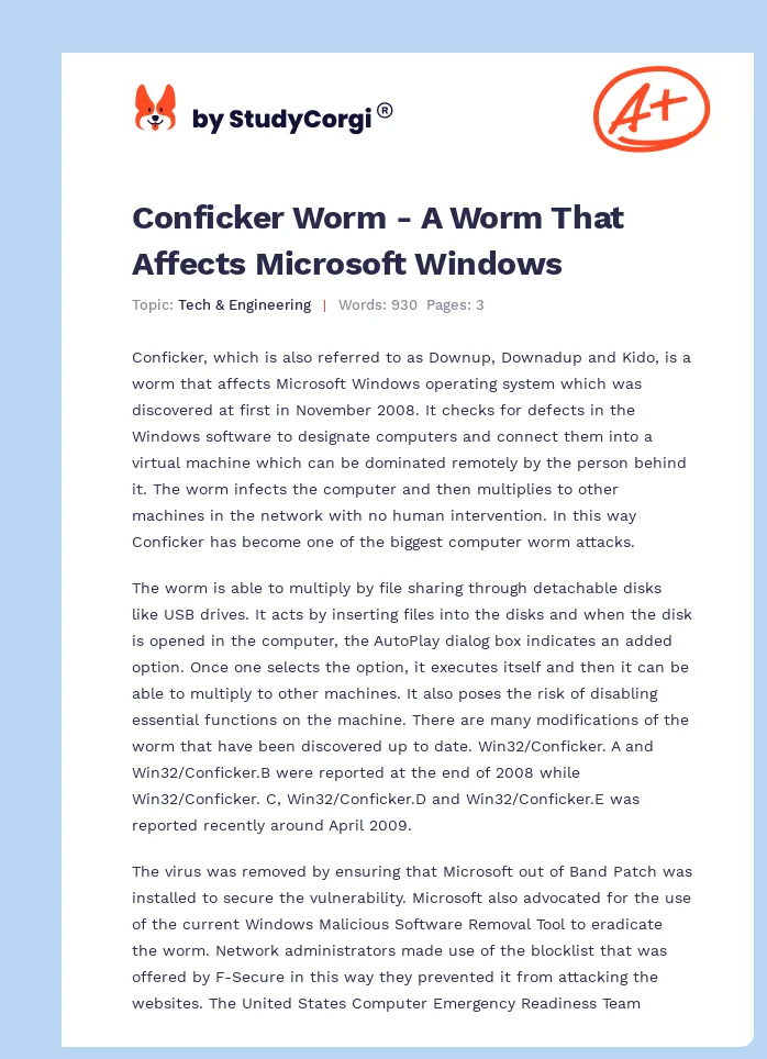 Conficker Worm - A Worm That Affects Microsoft Windows. Page 1