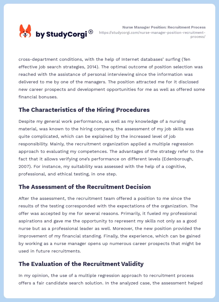 Nurse Manager Position: Recruitment Process. Page 2