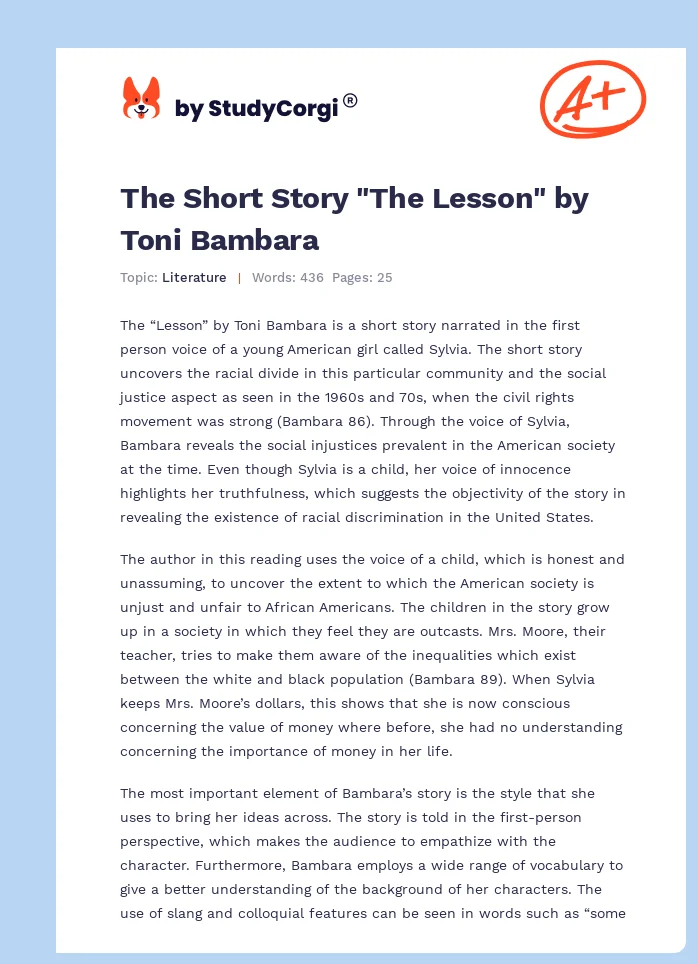 The Short Story "The Lesson" by Toni Bambara. Page 1