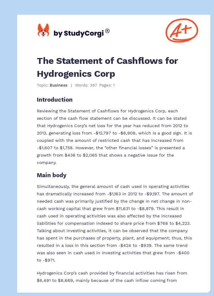 The Statement of Cashflows for Hydrogenics Corp. Page 1