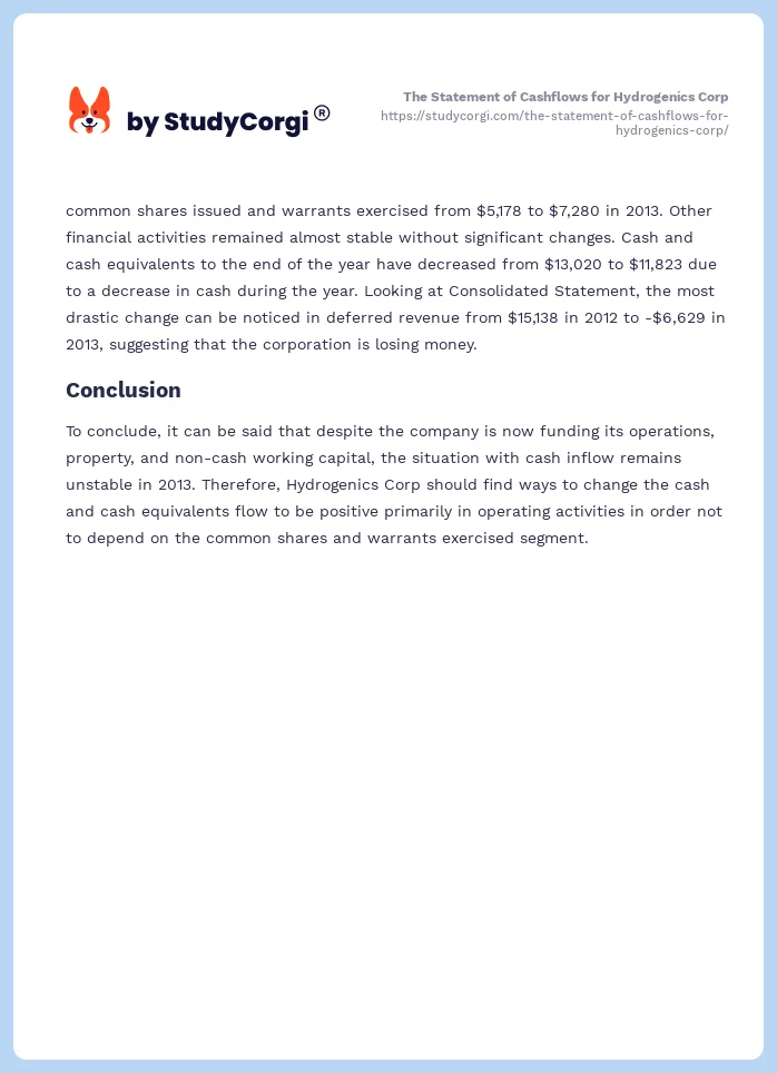 The Statement of Cashflows for Hydrogenics Corp. Page 2