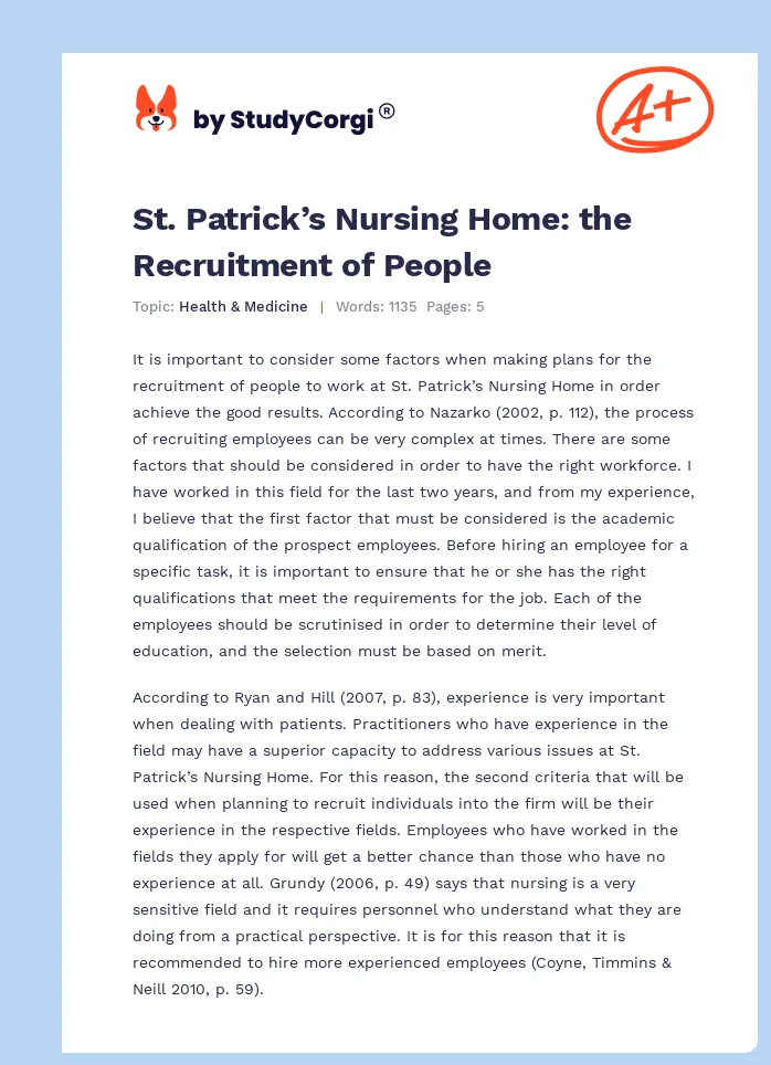 St. Patrick’s Nursing Home: the Recruitment of People. Page 1