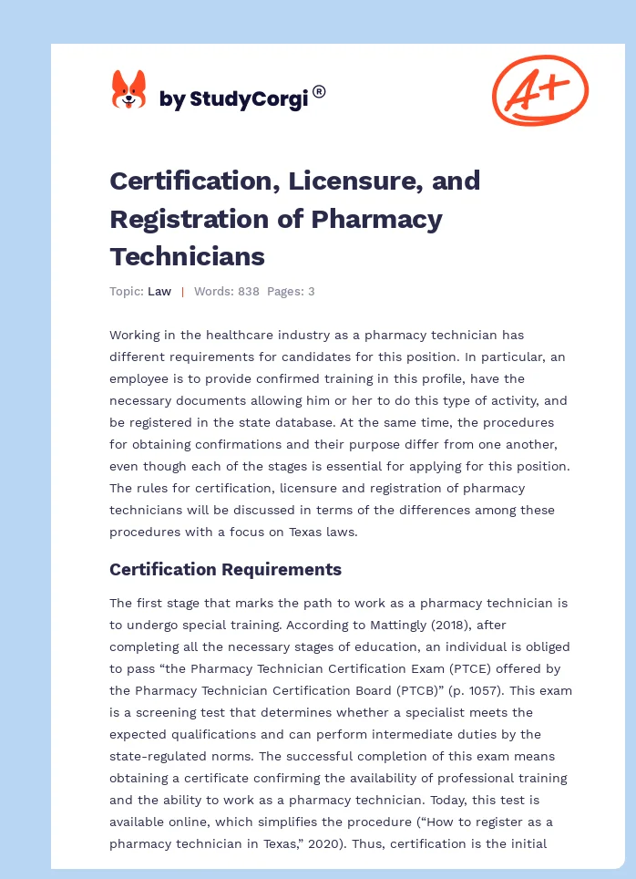Certification, Licensure, and Registration of Pharmacy Technicians. Page 1