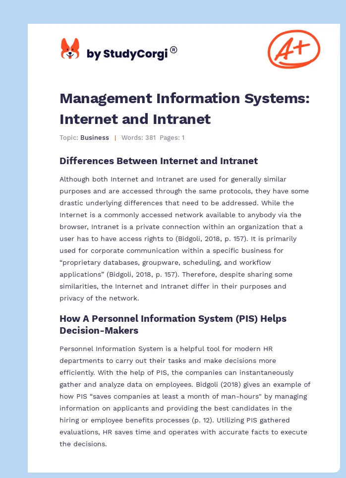 Management Information Systems: Internet and Intranet. Page 1