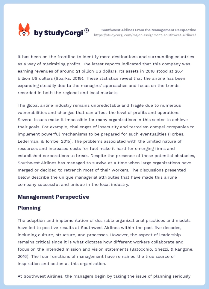 Southwest Airlines From the Management Perspective. Page 2