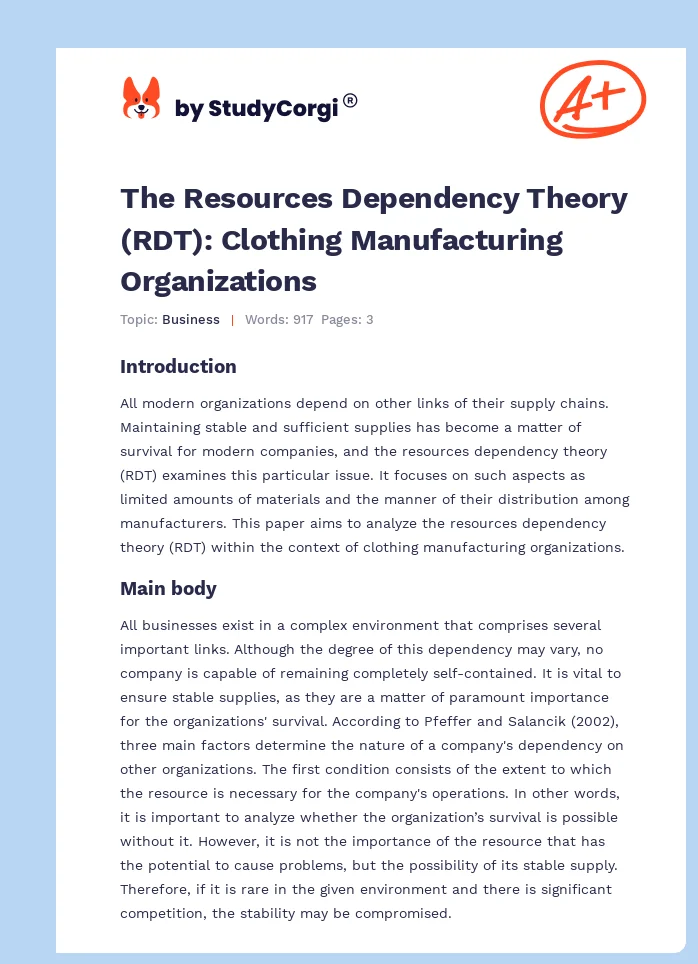 The Resources Dependency Theory (RDT): Clothing Manufacturing Organizations. Page 1