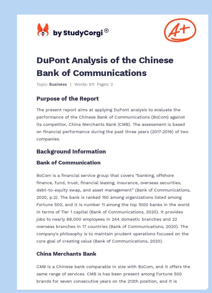 DuPont Analysis of the Chinese Bank of Communications. Page 1
