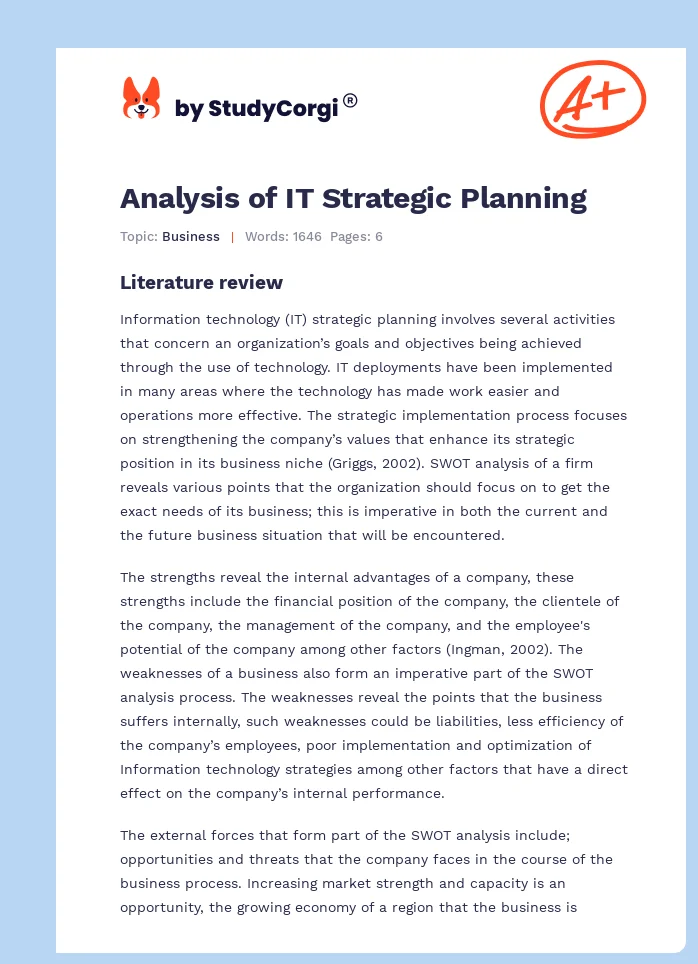 Analysis of IT Strategic Planning. Page 1