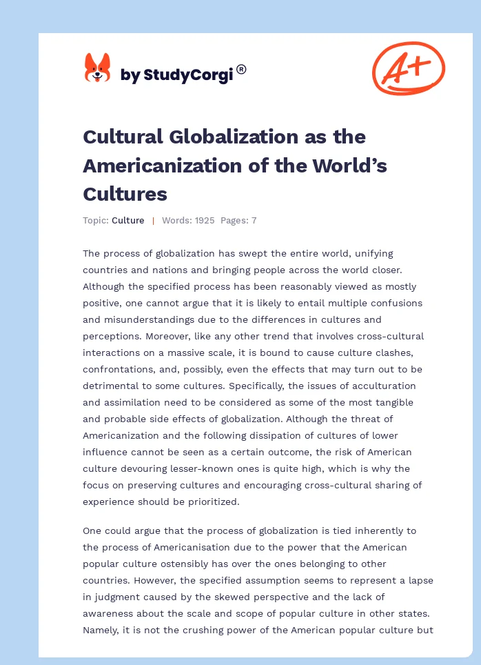 Cultural Globalization as the Americanization of the World’s Cultures. Page 1