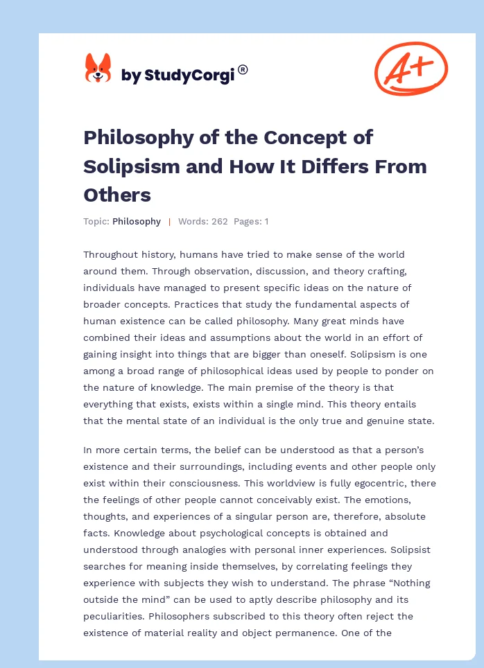 Philosophy of the Concept of Solipsism and How It Differs From Others. Page 1
