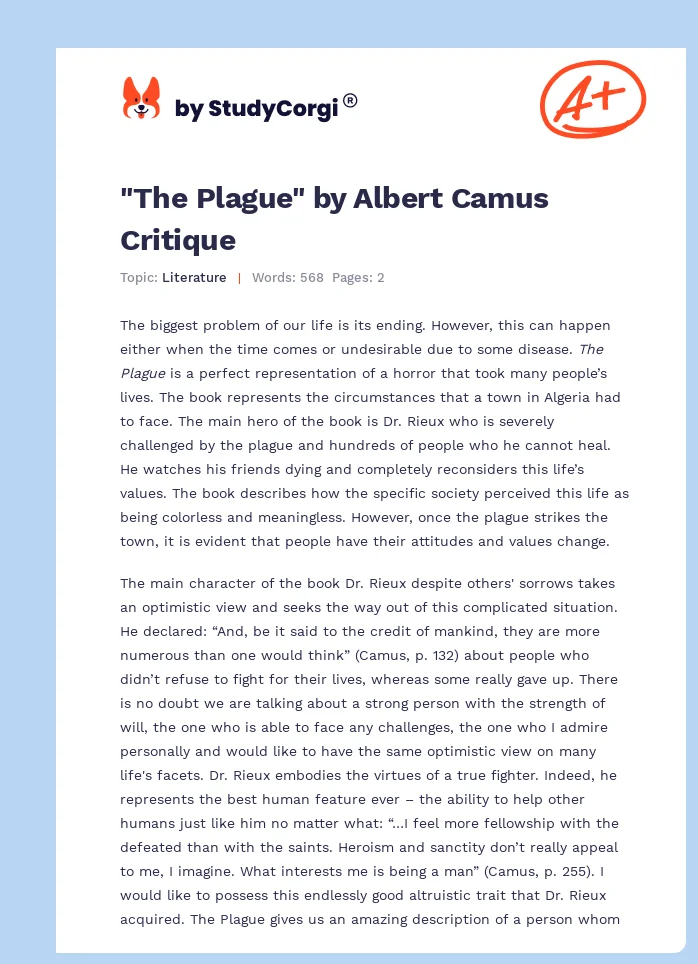 "The Plague" by Albert Camus Critique. Page 1
