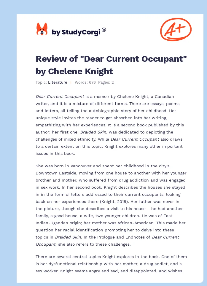 Review of "Dear Current Occupant" by Chelene Knight. Page 1