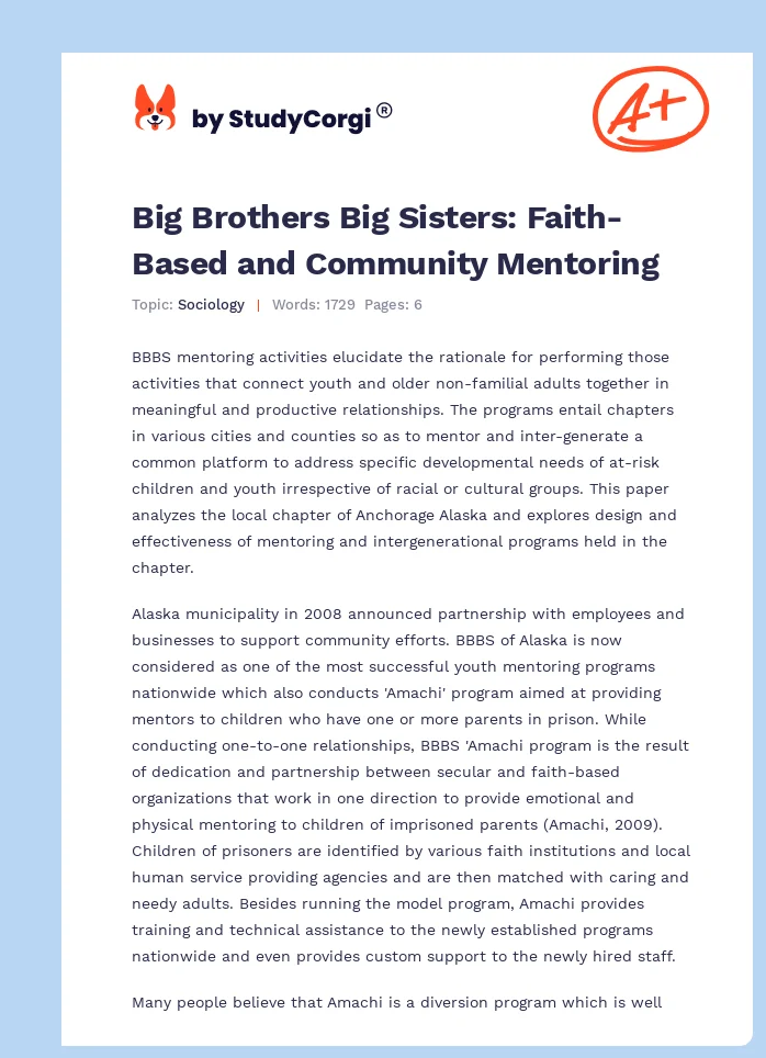 Big Brothers Big Sisters: Faith-Based and Community Mentoring. Page 1