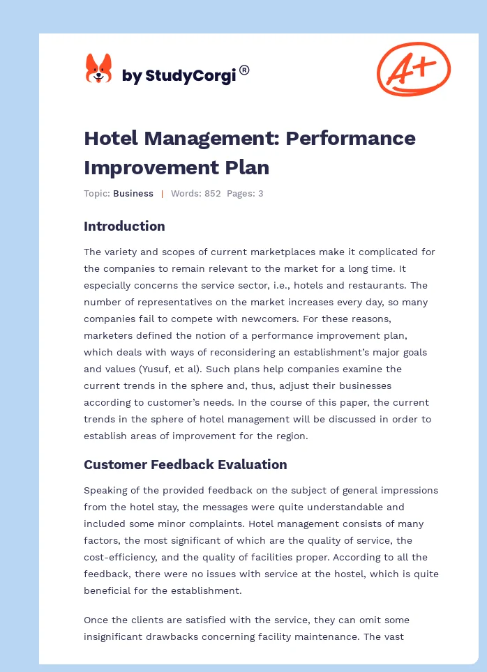 Hotel Management: Performance Improvement Plan. Page 1
