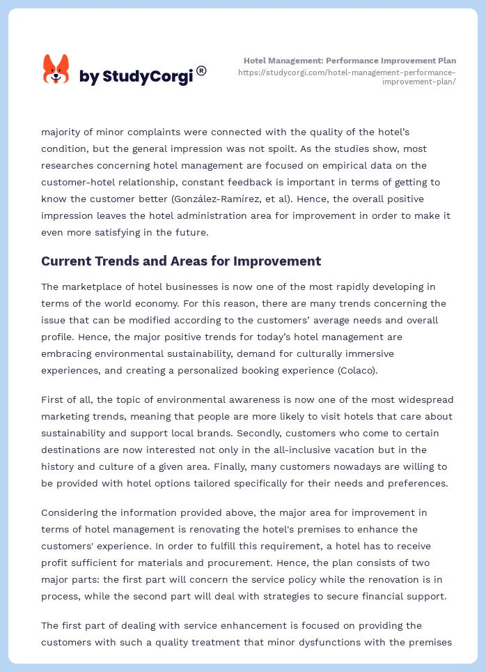 Hotel Management: Performance Improvement Plan. Page 2