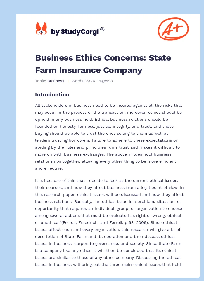 Business Ethics Concerns: State Farm Insurance Company. Page 1