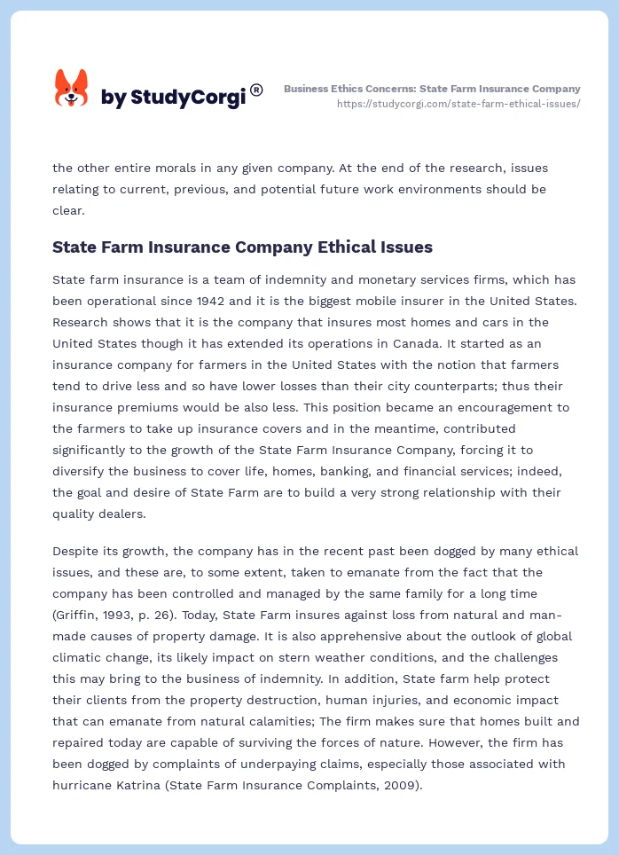 Business Ethics Concerns: State Farm Insurance Company. Page 2