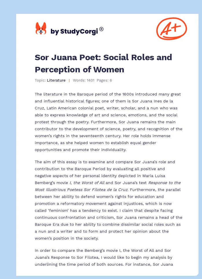 Sor Juana Poet: Social Roles and Perception of Women. Page 1