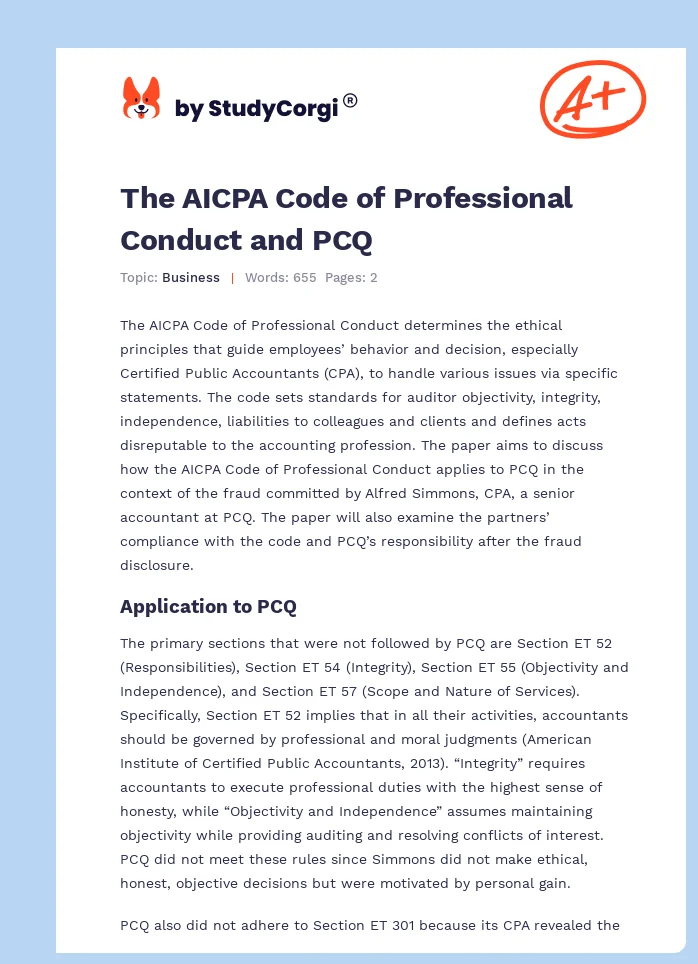 The AICPA Code of Professional Conduct and PCQ. Page 1