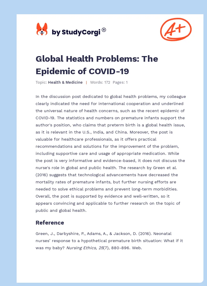Global Health Problems: The Epidemic of COVID-19. Page 1