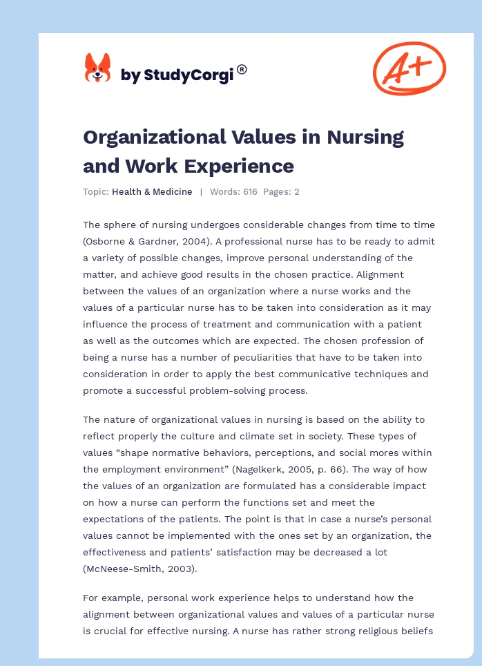 Organizational Values in Nursing and Work Experience. Page 1