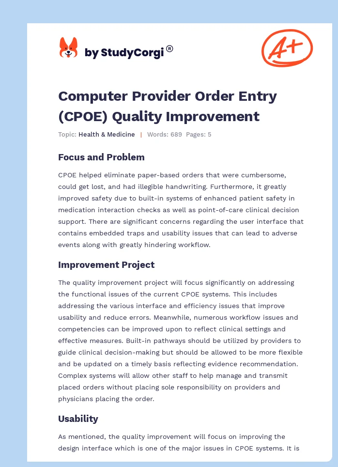 Computer Provider Order Entry (CPOE) Quality Improvement. Page 1