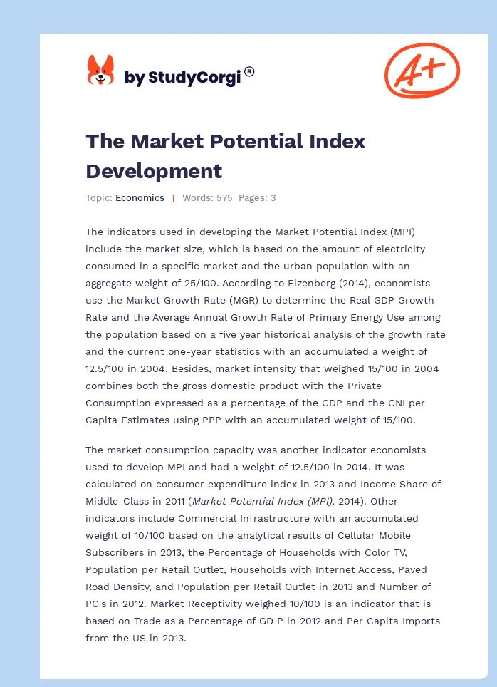 The Market Potential Index Development. Page 1