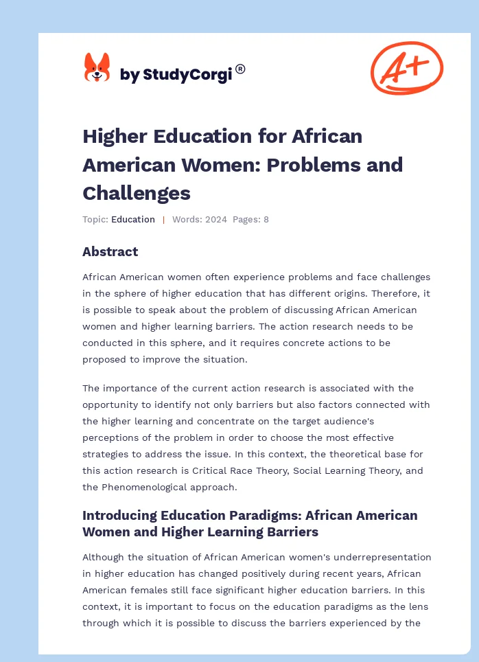 Higher Education for African American Women: Problems and Challenges. Page 1