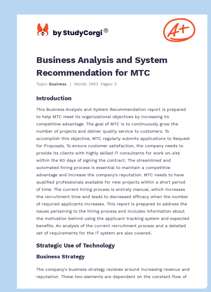 Business Analysis and System Recommendation for MTC. Page 1