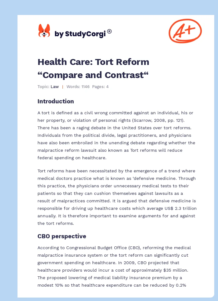 Health Care: Tort Reform “Compare and Contrast“. Page 1