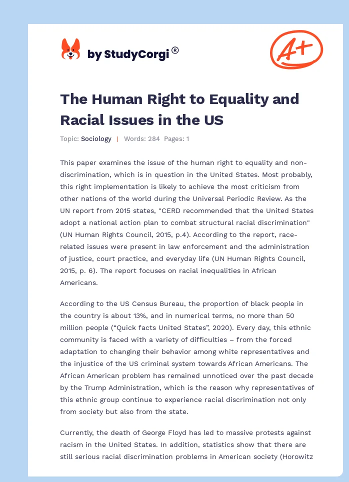 The Human Right to Equality and Racial Issues in the US. Page 1