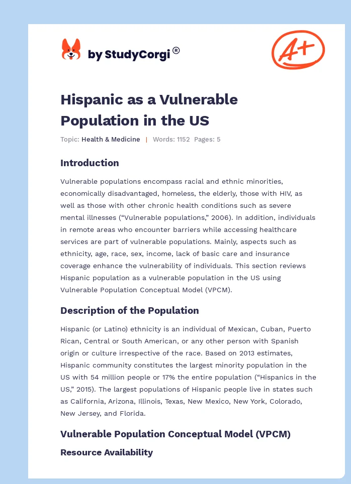 Hispanic as a Vulnerable Population in the US. Page 1