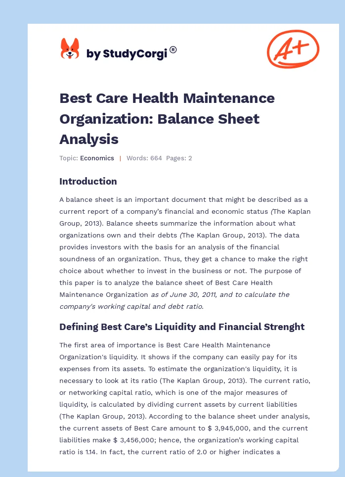 Best Care Health Maintenance Organization: Balance Sheet Analysis. Page 1
