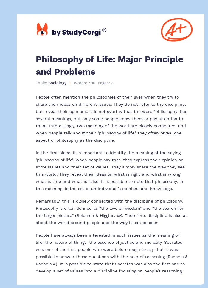 Philosophy of Life: Major Principle and Problems. Page 1