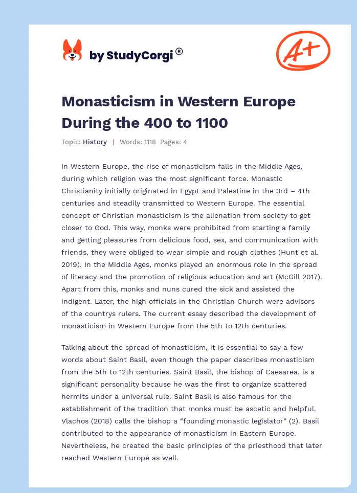 Monasticism in Western Europe During the 400 to 1100. Page 1