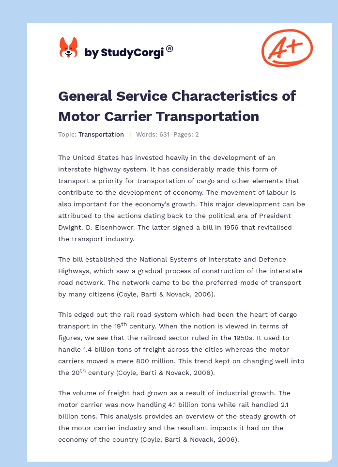 General Service Characteristics of Motor Carrier Transportation. Page 1